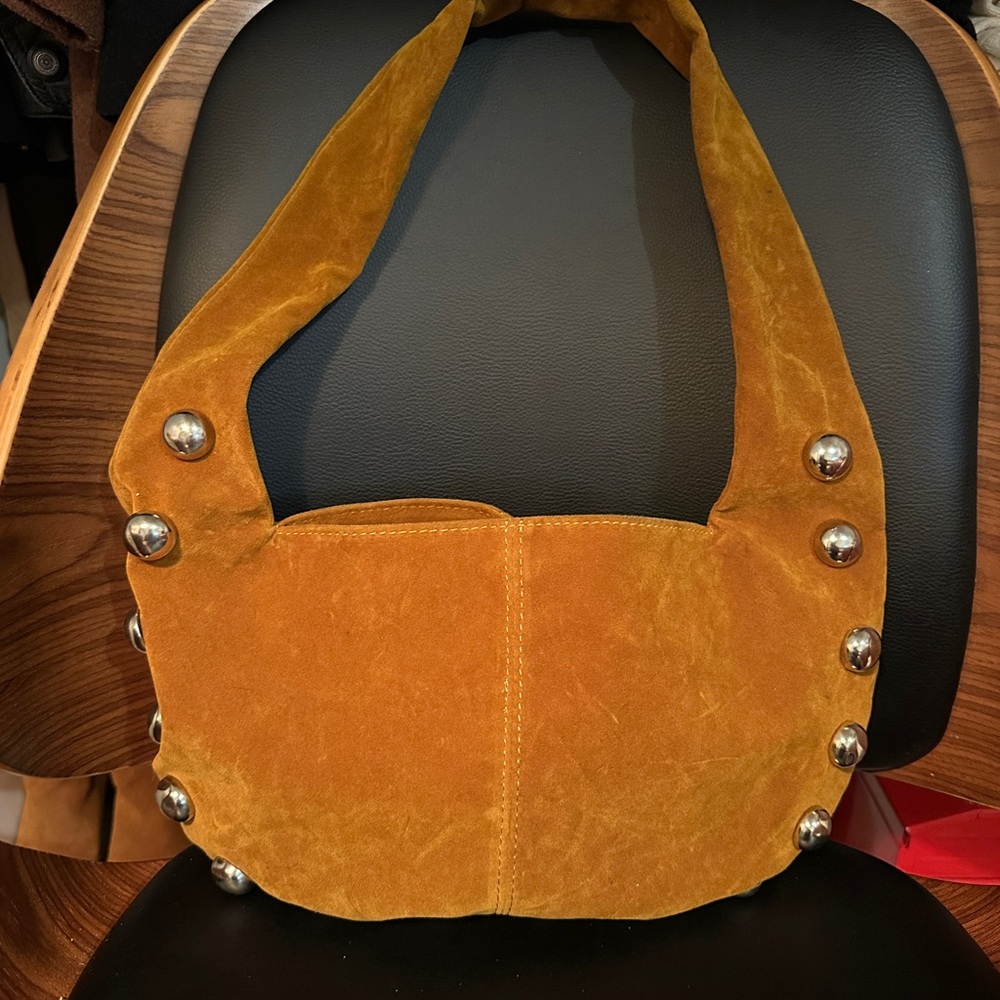 Mustard Suede Studded Shoulder Bag
